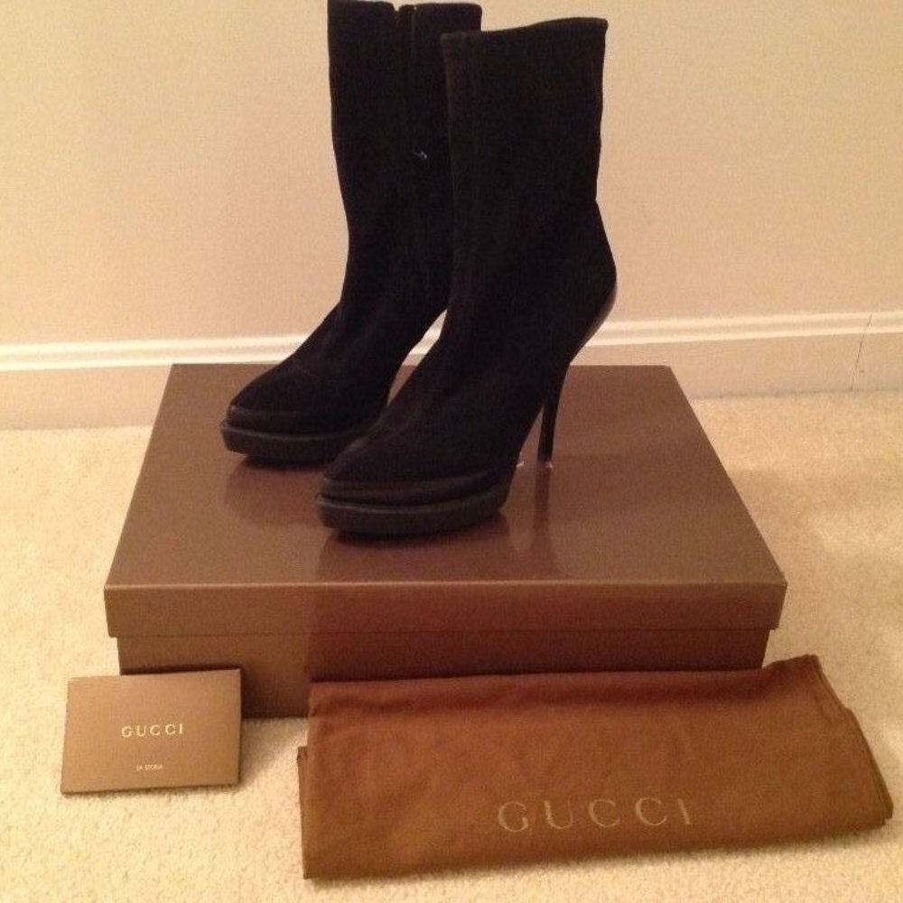 NEW GUCCI black EU 36.5  6 SUEDE Ankle boots Booties platform designer Italian